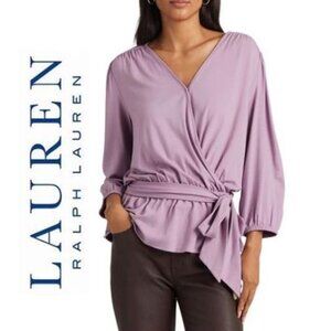 Lauren by Ralph Lauren, lavender crossover v-neck top with front bow tie